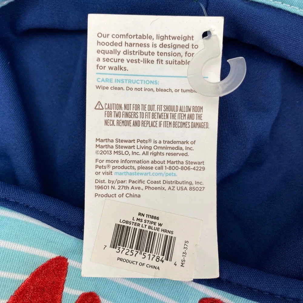 Martha Stewart Pets Hooded Dog Harness Unisex Large Blue Striped Crab Nautical